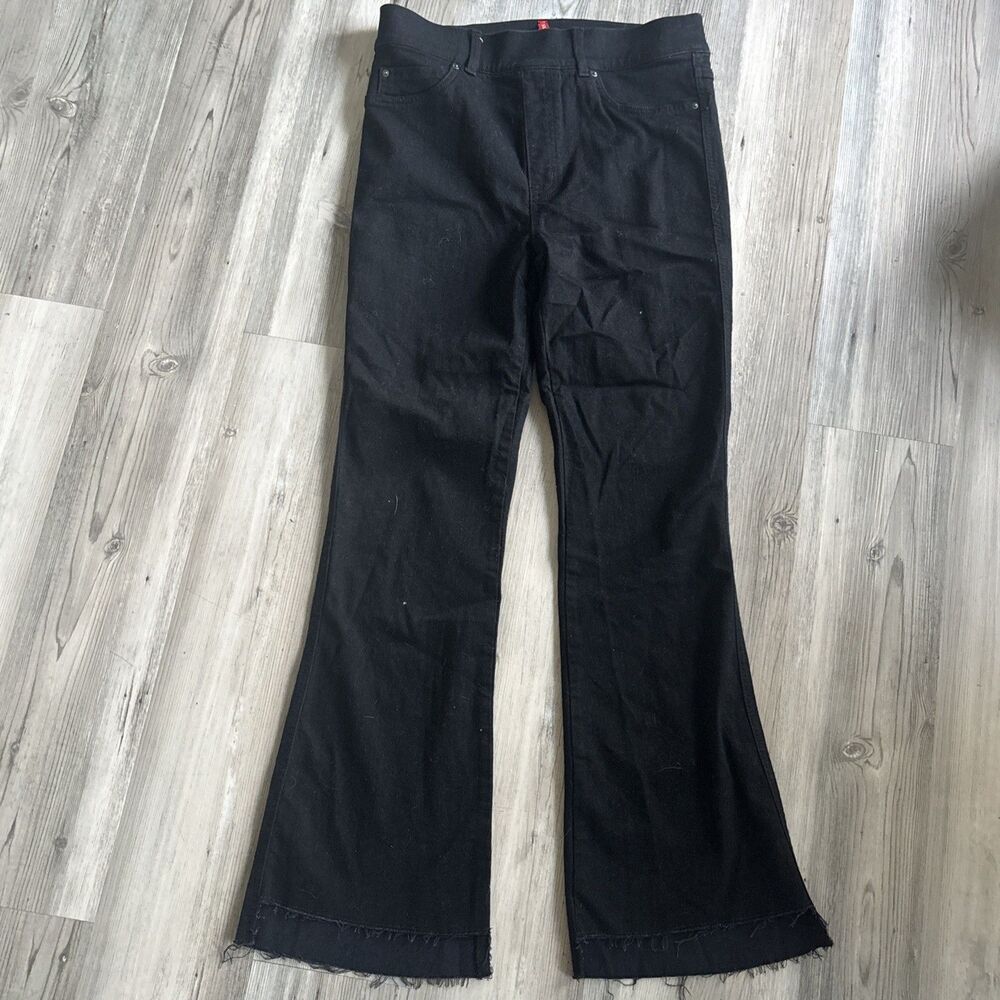 SPANX Pull On Black Jeans Asymmetrical Bottom Flare Size Medium Tall